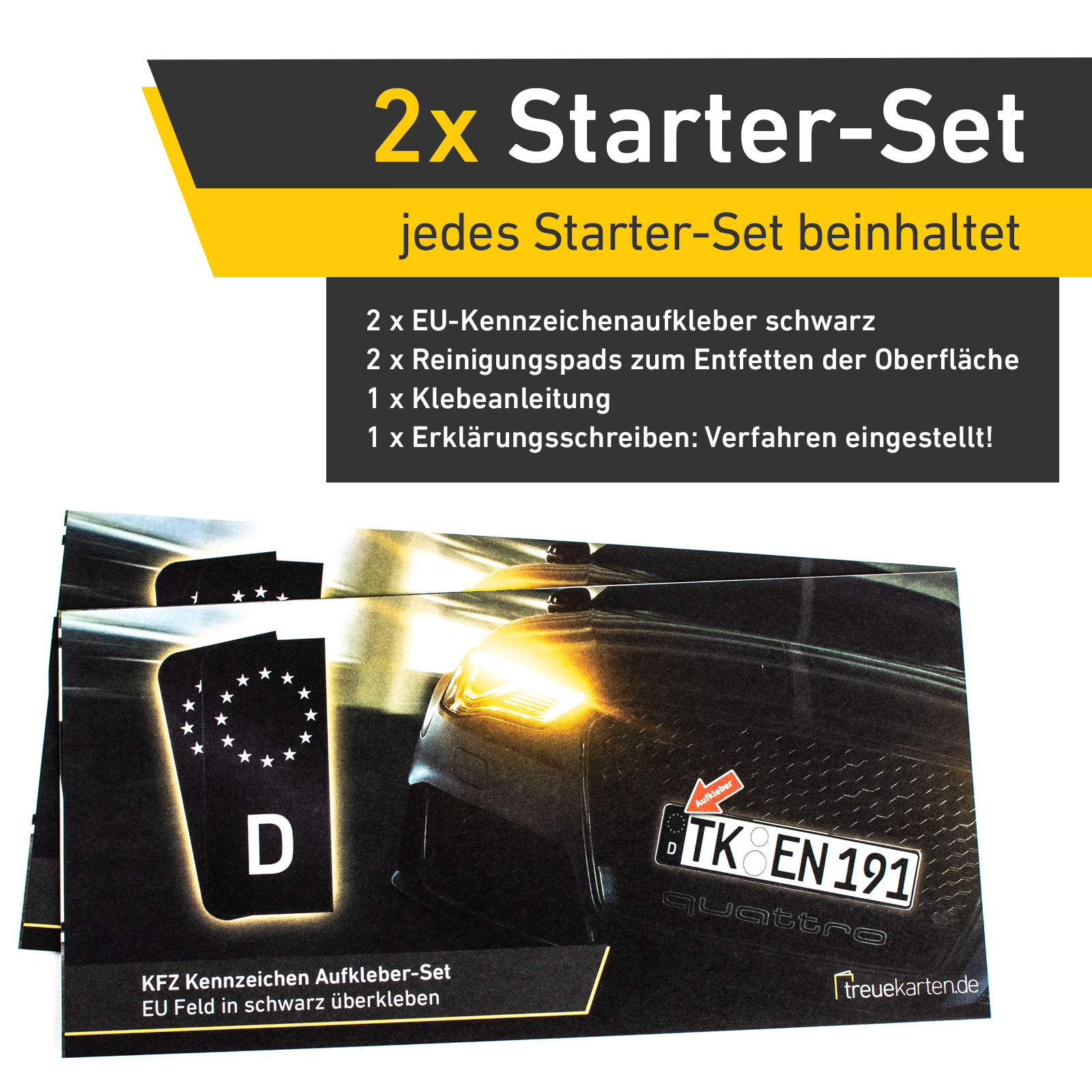 4x Kennzeichen Nummernschild Aufkleber, EU Feld Schwarz, inkl. 2x Starter-Set