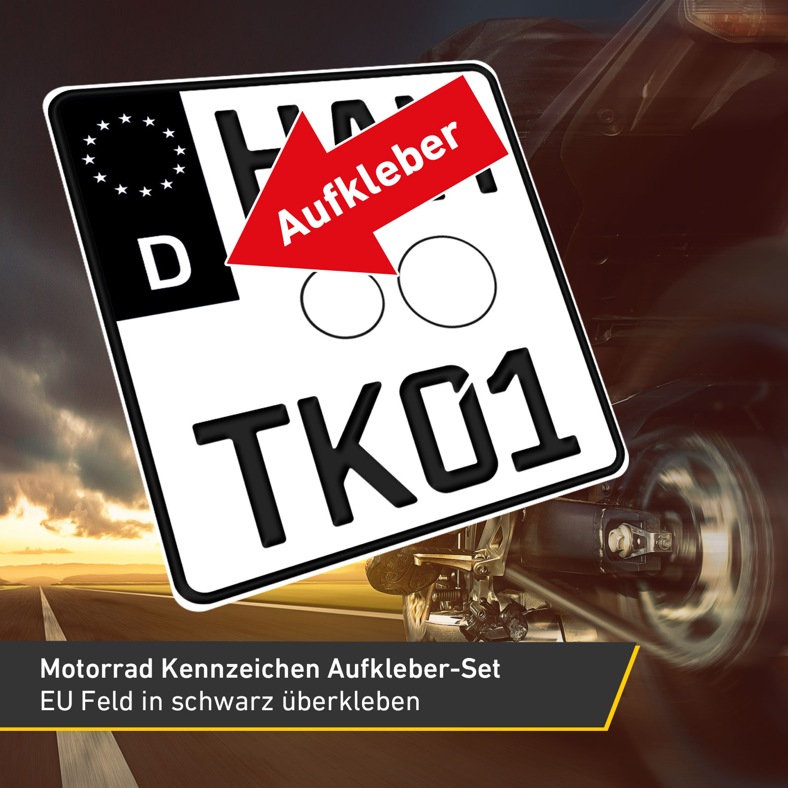 2x Motorrad Kennzeichen Nummernschild Aufkleber, EU Feld Schwarz, 1x Starter-Set