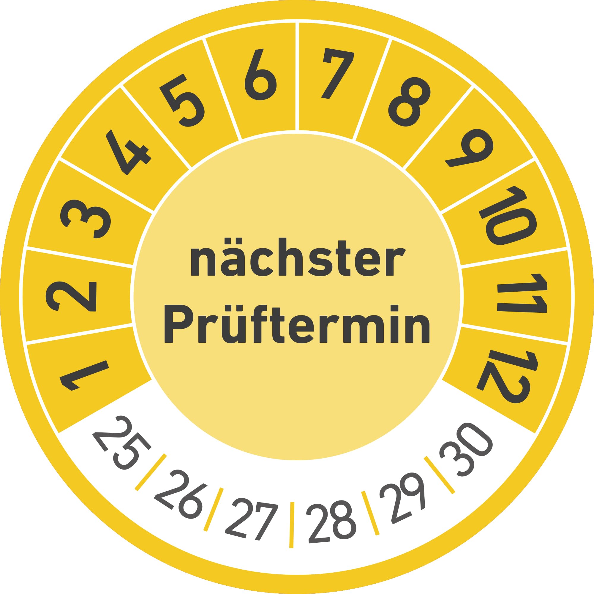 Prüfplaketten 2025–2030 – Nächster Prüftermin, 30mm Ø (gelb) | Prüfetiketten für Wartung & Sicherheit – inkl. 2 Gratis-Lochzangen (3mm Rundloch & Kerbzange)