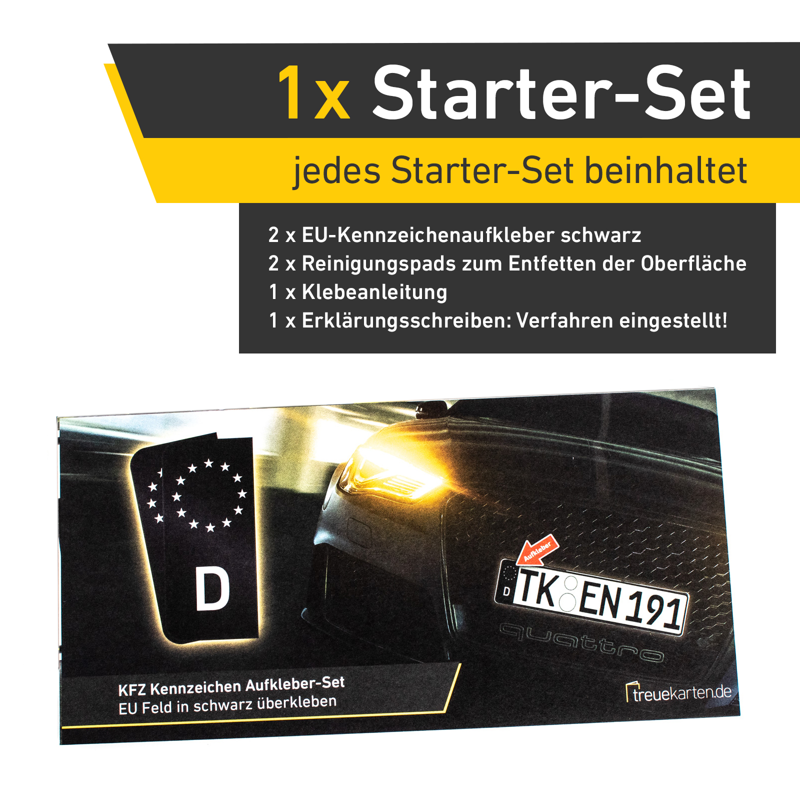 2x Kennzeichen Nummernschild Aufkleber, EU Feld Schwarz, inkl. 1x Starter-Set